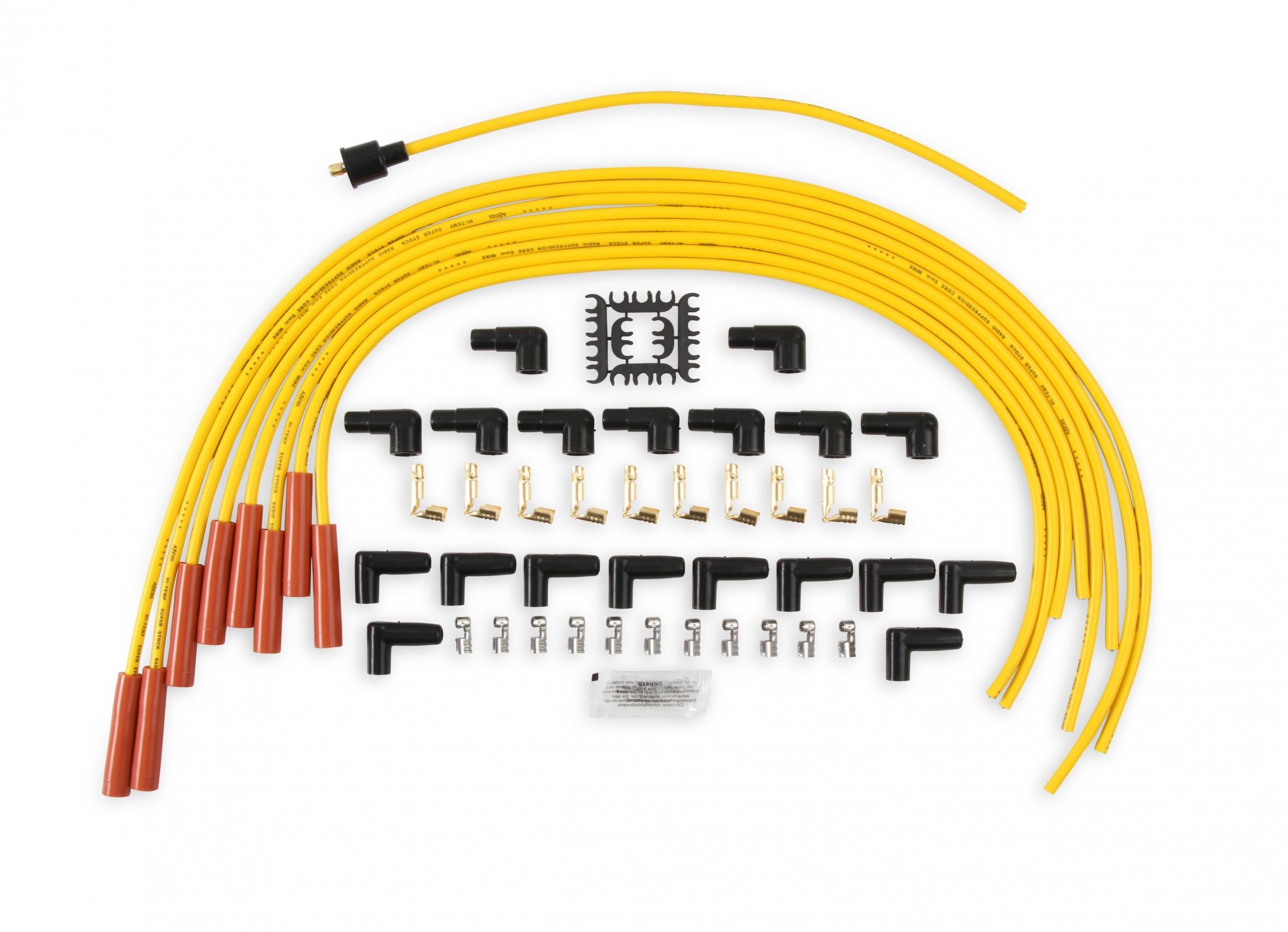Spark Plug Wire Set 8MM Yellow With Orange Straight Boots 4040 8MM Universal Fit Super Stock Spark Plug Wire Sets Feature A Spiral Core And A Yellow Silicone Jacket ACCEL