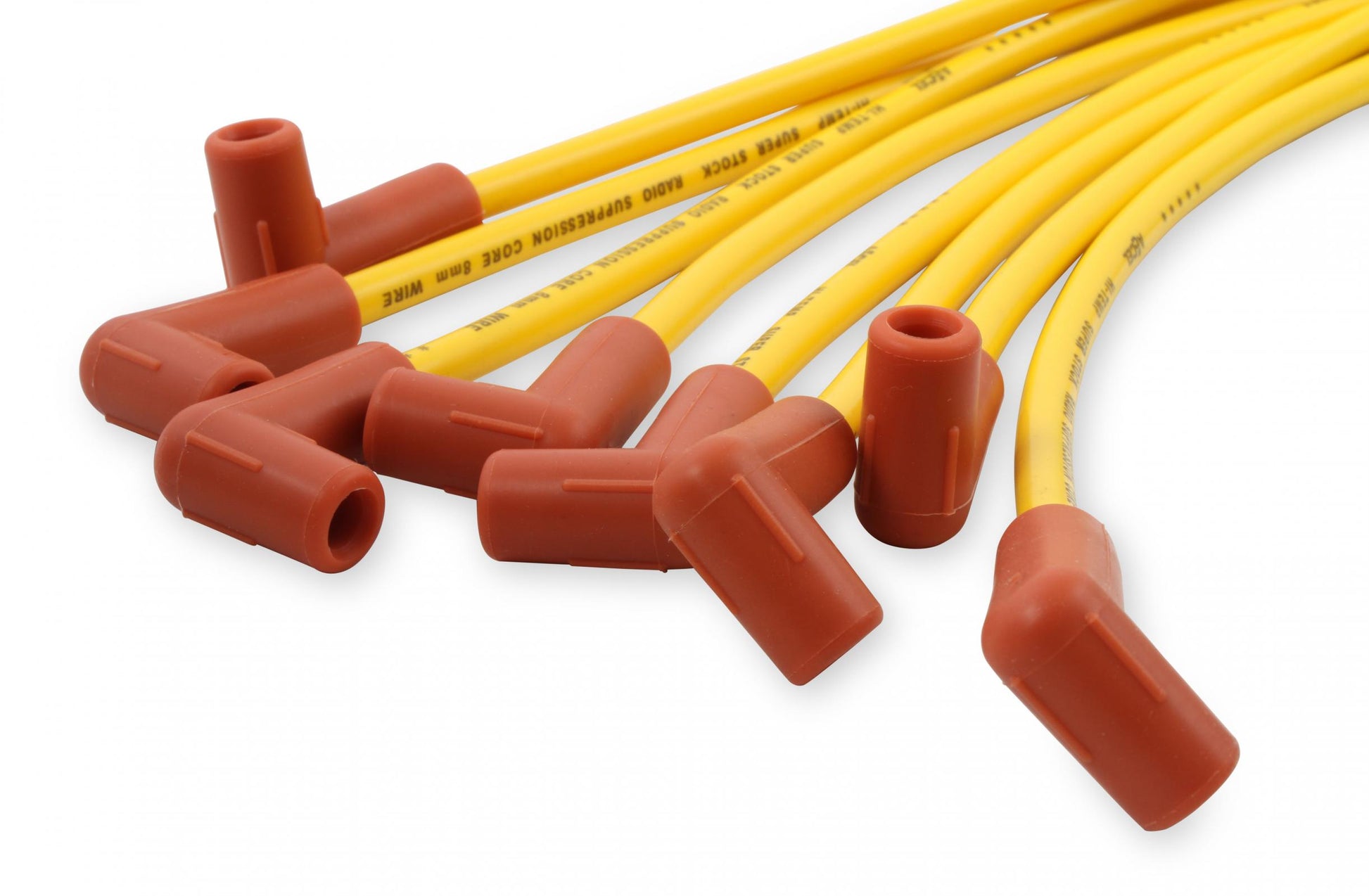 Spark Plug Wire Set 8MM Yellow With Orange 90 Deg Boots 4041 8MM Universal Fit Super Stock Spark Plug Wires Feature A Spiral Core And Yellow Silicone Jacket ACCEL