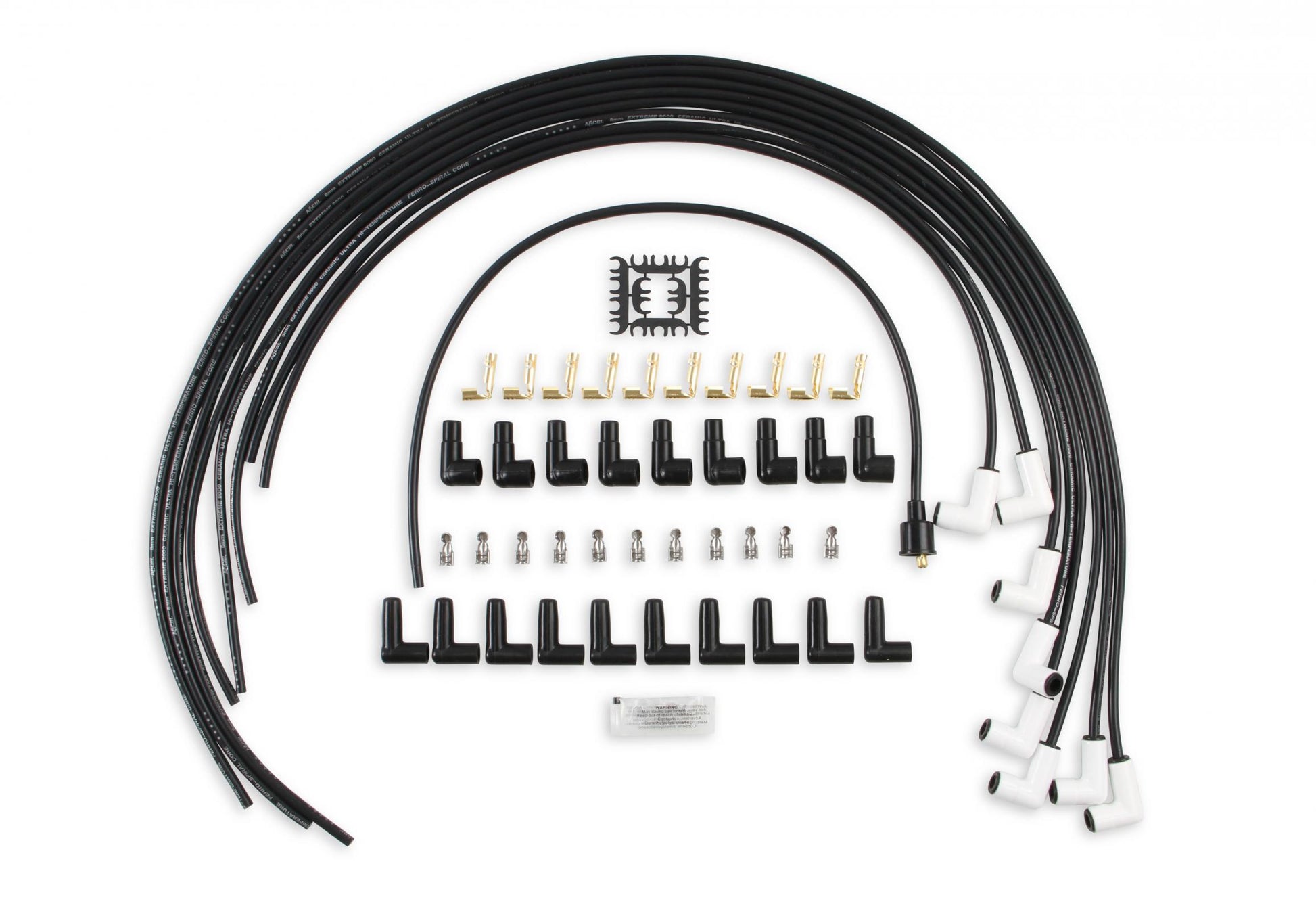 Spark Plug Wire Set Universal 90 Deg White Ceramic Boots 9001C, Spark Plug Wires, Pro Fit Ceramic, Spiral Core, 8Mm, Black, Set ACCEL
