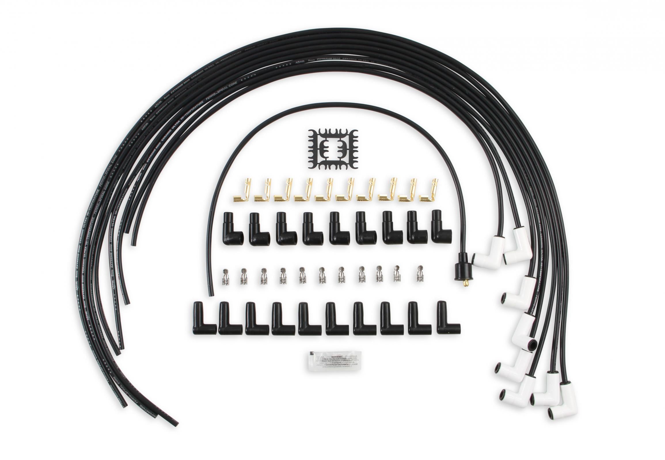 Spark Plug Wire Set Universal 90 Deg White Ceramic Boots 9001C, Spark Plug Wires, Pro Fit Ceramic, Spiral Core, 8Mm, Black, Set ACCEL