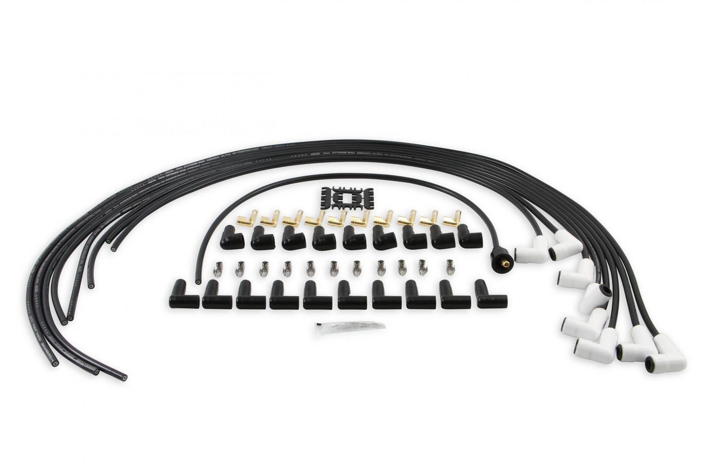 Spark Plug Wire Set Universal 90 Deg White Ceramic Boots 9001C, Spark Plug Wires, Pro Fit Ceramic, Spiral Core, 8Mm, Black, Set ACCEL