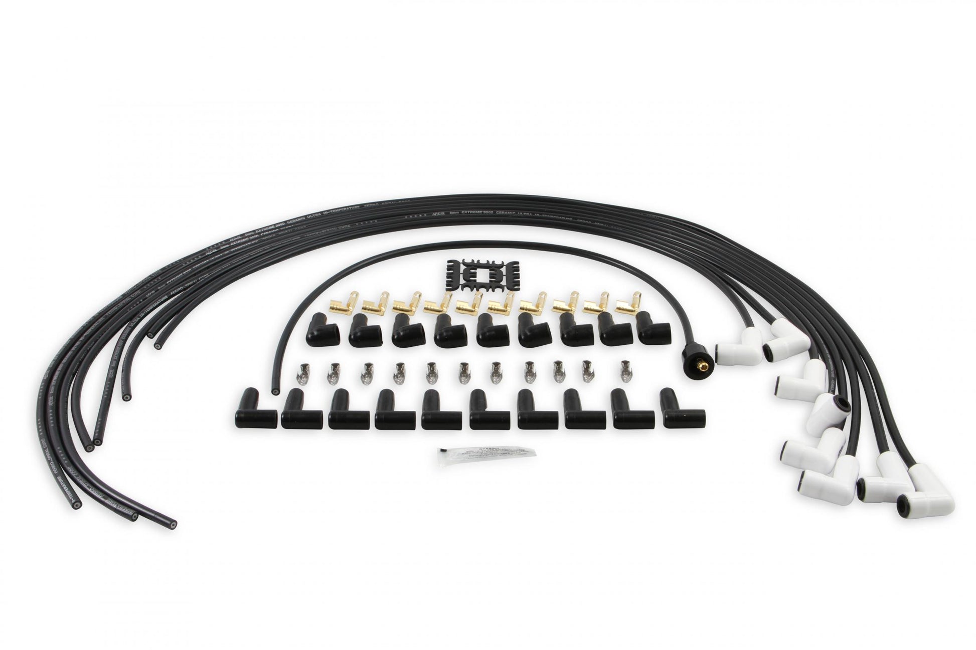 Spark Plug Wire Set Universal 90 Deg White Ceramic Boots 9001C, Spark Plug Wires, Pro Fit Ceramic, Spiral Core, 8Mm, Black, Set ACCEL