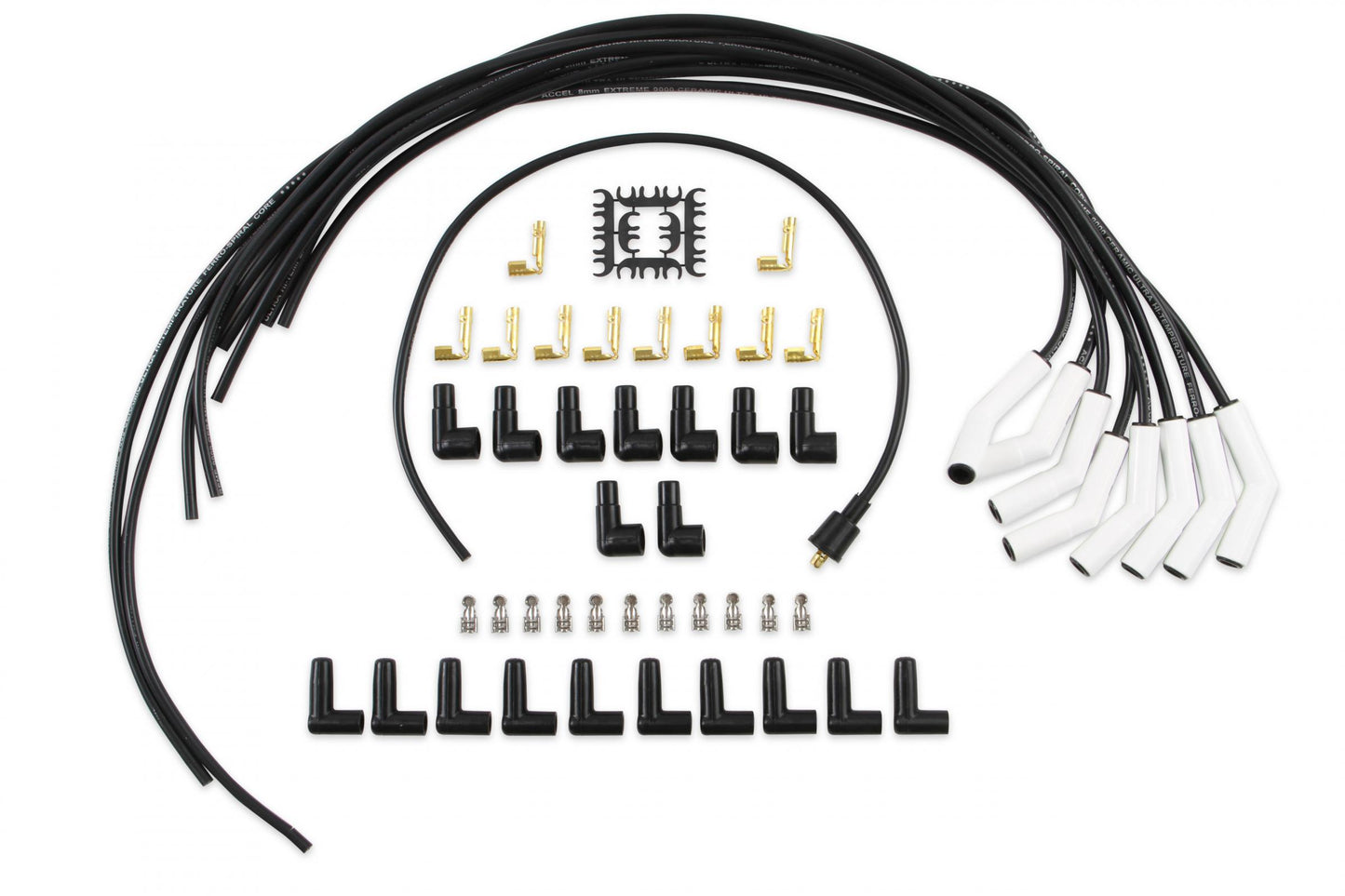 Spark Plug Wire Set Universal 135 Deg White Ceramic Boots 9002C, Spark Plug Wires, Pro Fit Ceramic, Spiral Core, 8Mm, Black, Set ACCEL