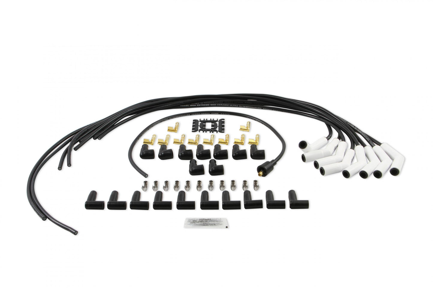 Spark Plug Wire Set Universal 135 Deg White Ceramic Boots 9002C, Spark Plug Wires, Pro Fit Ceramic, Spiral Core, 8Mm, Black, Set ACCEL