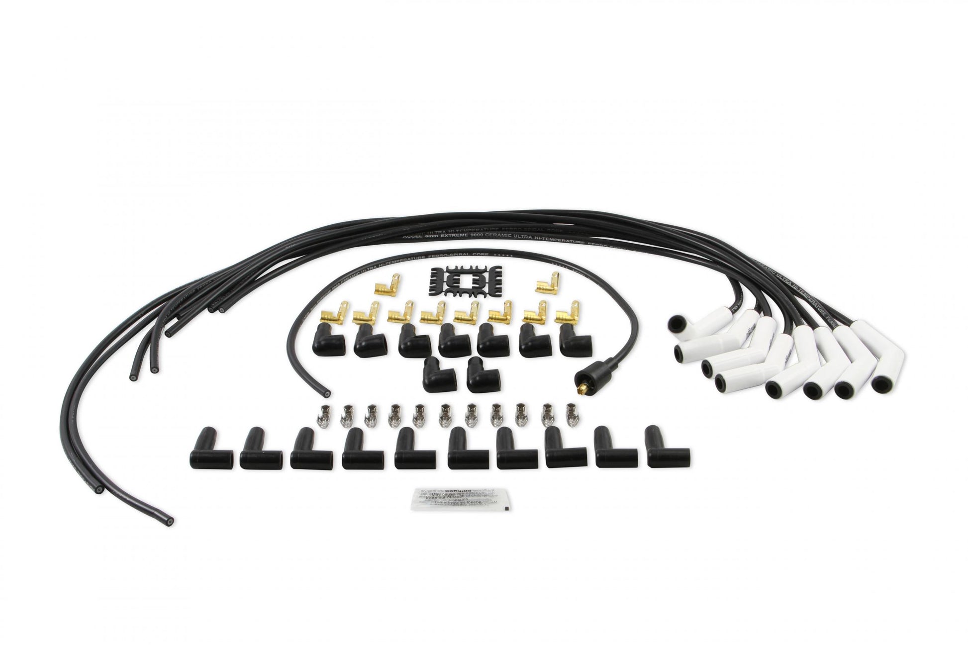Spark Plug Wire Set Universal 135 Deg White Ceramic Boots 9002C, Spark Plug Wires, Pro Fit Ceramic, Spiral Core, 8Mm, Black, Set ACCEL